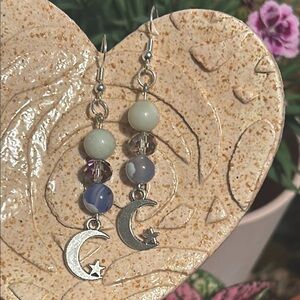 Handmade Silver Crescent Moon Earrings with Agate + Amazonite 🌙